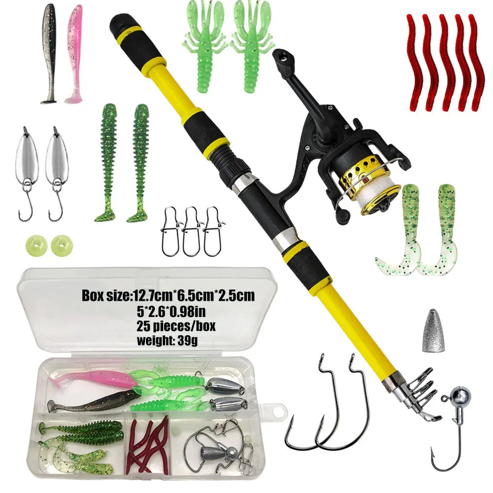 Fishing Pole Set Full Kits With Telescopic Fishing Rod And Spinning Reel Baits Hooks Travel Pole Set