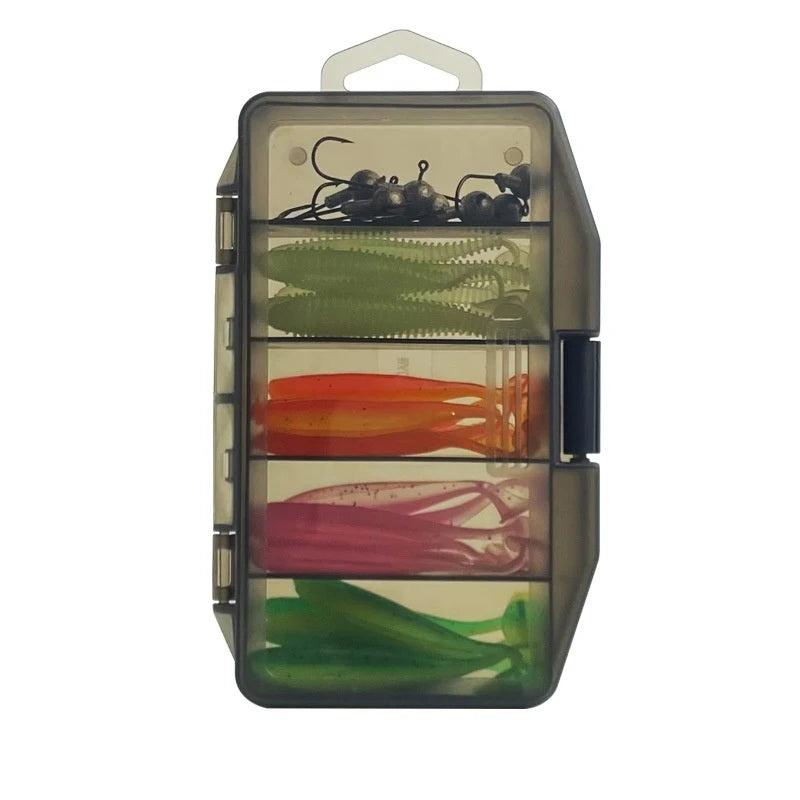 33Pcs Soft Fishing Lure Kit T-Tail Worms with Jig Heads Tackle Box for Bass Pike Perch