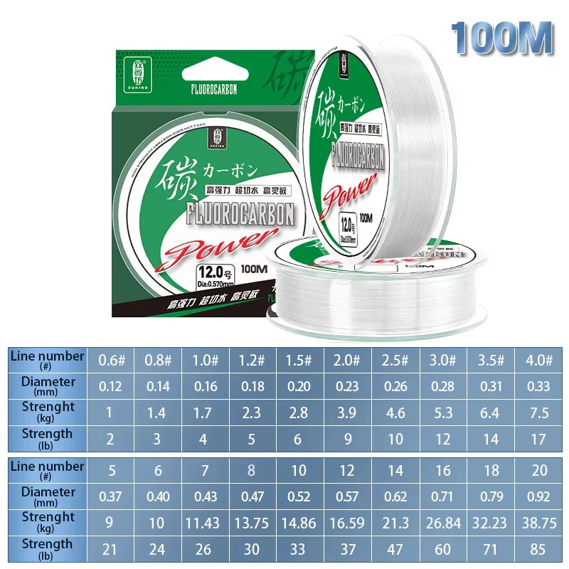 ZUKIBO 50m 100m 100% Fluorocarbon Fishing Line Super Strong Monofilament Carp Fishing Line Japan Carbon Fiber Leader Line 2-85lb