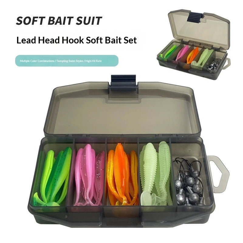 33Pcs Soft Fishing Lure Kit T-Tail Worms with Jig Heads Tackle Box for Bass Pike Perch